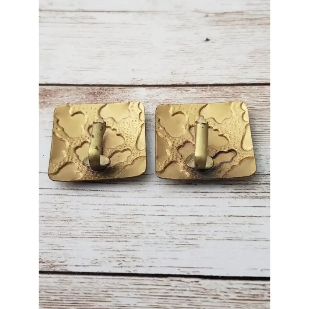 Vintage Clip On Earrings Gray & Gold Tone Square Shape Cloud Pattern Large
